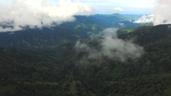 Flying Through the Cloud Parts Over the Vast Forested Mountains