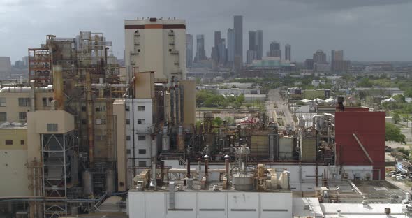 Panning aerial shot of city of Houston from Houston East End