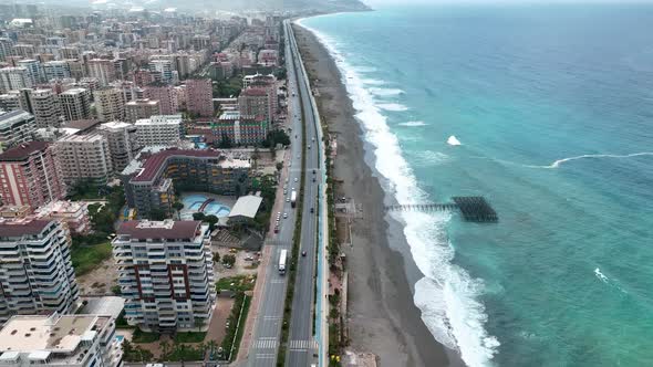 Traffic on the Beach aerial view 4 K Turkey Alanya