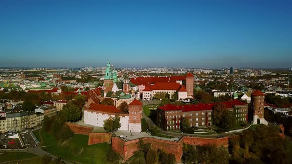 Aerial View. Wawel Royal Castle and Cathedral, Vistula River, Cracow Old City with Historic Churches