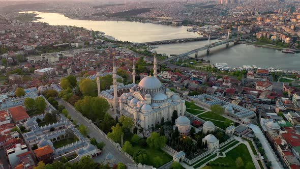 Sunset Aerial suleymaniye mosque drone image, istanbul TURKEY 