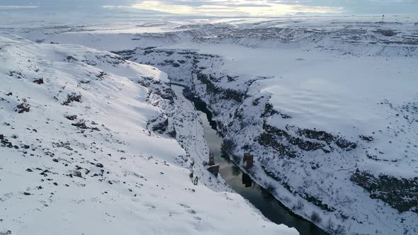 Aerial Shot Snowy Valley and River