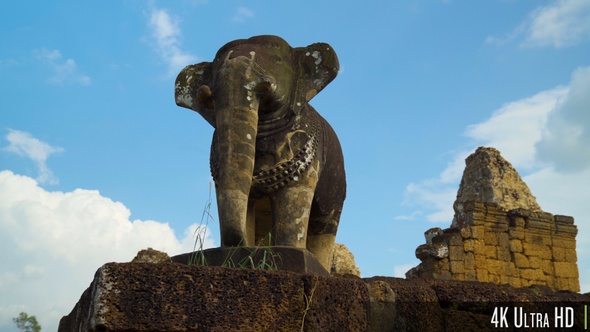 4K Ancient Stone Elephant Sculpture Built by the Khmer Empire in East Mebon Temple