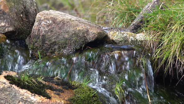 A stream flowing through a beautiful landscape. Stones in the stream. Slow motion
