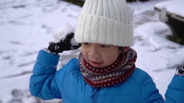 Cute Asian Child Playing Snow In The Park