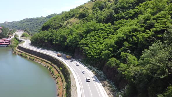 Lake, forest and vehicles on the road