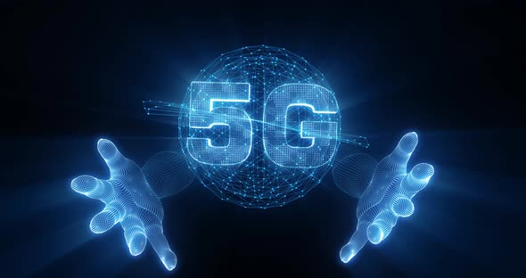 hand on 5G Global network world map digital artificial intelligence Ai technology Data cloud blue