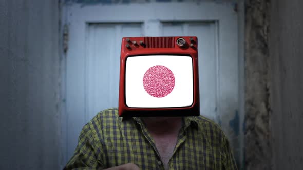 Man with Old TV instead of Head, showing the Flag of Japan on Screen.