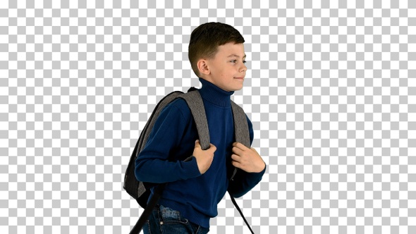 Cheerful boy in polo neck walking with a backpack, Alpha Channel