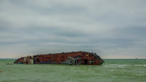 Sunken Tanker Ship in the Sea After the Massive Storm