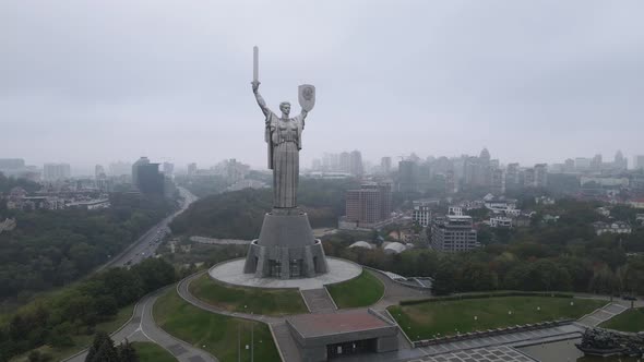 Symbol of Kyiv, Ukraine: Motherland Monument. Aerial View, Slow Motion. Kiev