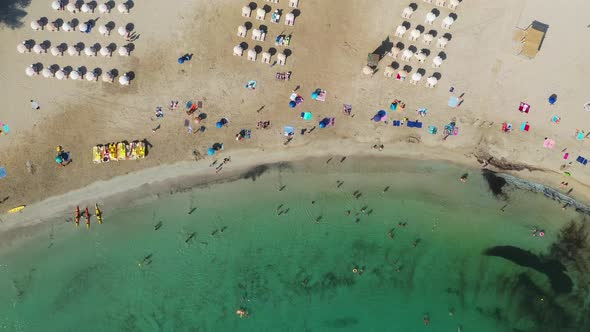 Straight top down aerial footage of the Spanish island of Ibiza showing the beautiful beach