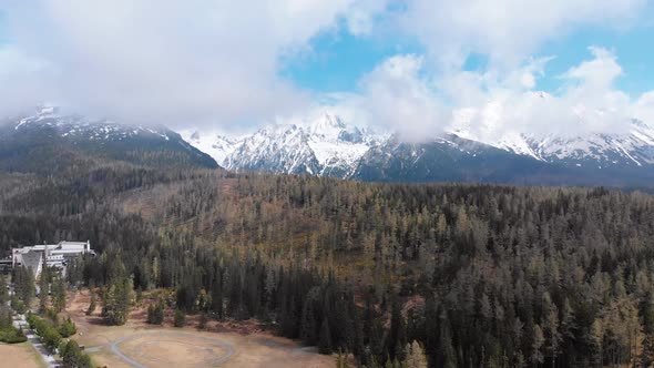 Aerial Drone View of Strbske Pleso Resort in High Tatras Mountains. Slovakia