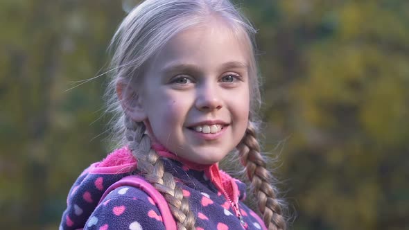 Schoolgirl Showing Thumbs Up, Interesting Educational Program, Excellent Pupil