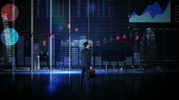 Rearview of businessman looking at digital animation of glowing graph interface