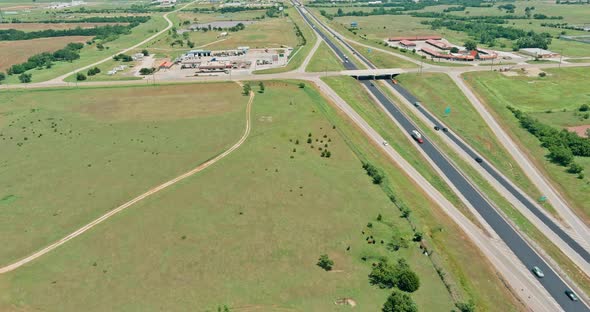 Panorama Aerial View of Highway 66 Road of Transport Junction From the Height Near Clinton Town in