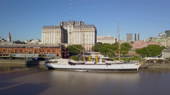Aerial push in view of Sarmiento Frigate in Puerto Madero, Buenos Aires.