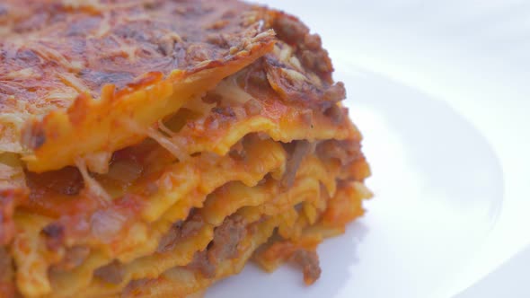 Lasagne traditional Italian cusine food 4K 2160p UHD  footage  - Lasagne food on plate close up high