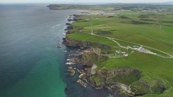 Irish Ocean Coast Farmlands Aerial Shot Green Meadow Farm Animal Pastures Cereals Fields