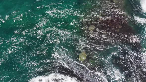 Drone camera moves away from sea turtles floating in the waves of the ocean at Kauai, Hawaii, USA