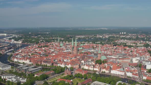 Aerial Panoramic View of Medieval City Centre Lined with Trave River