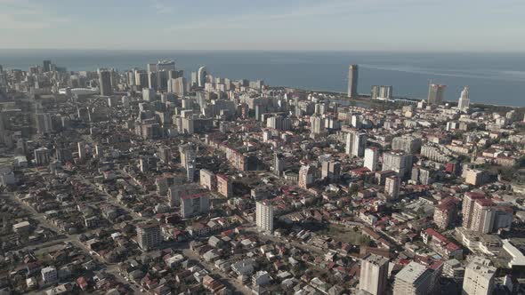 Aerial view of Batumi coastline, Port, harbor and bay. Georgia 2021