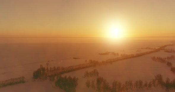 Aerial Drone View of Cold Winter Landscape with Arctic Field Trees Covered with Frost Snow and