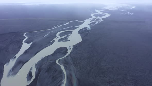 Aerial Drone View of Glacial River System of Iceland. Climate Change Concept