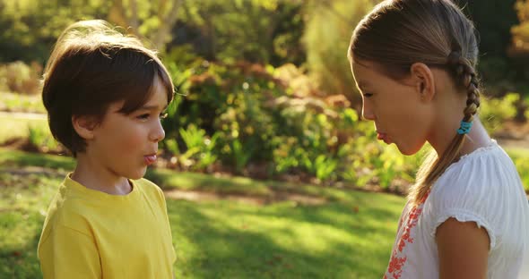 Little boy and girl teasing each other