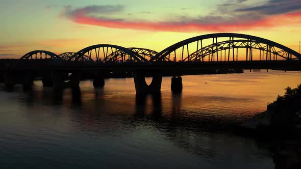 Drone View on the Bridge Above the River and City Scape