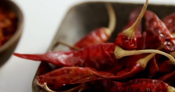 Dried red chili pepper and crushed red pepper in bowl 4k