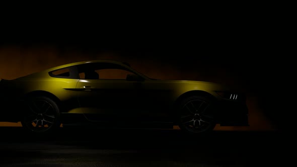 Sports Yellow Car in the Mysterious Dark Garage