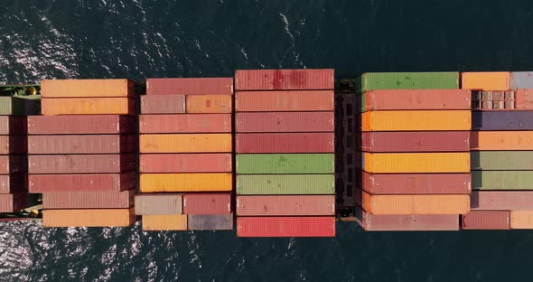 Shipping containers stacked on a sailing Container ship, Top down shot.