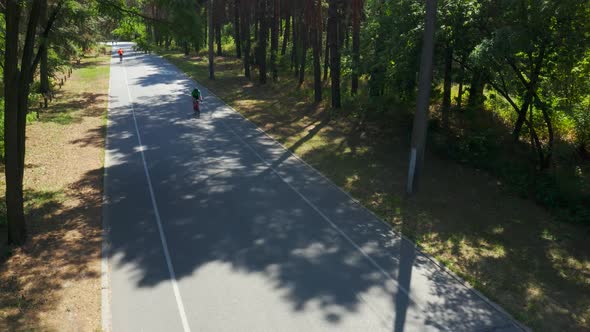 Cyclist Riding Bicycle Through Park. Bike Riding. Triatlon Rider on Road From Drone Top View