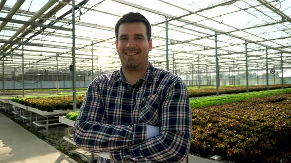 Young Agronomist in a Greenhouse with Growing Green Salad