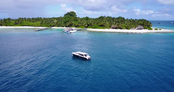 Wide angle birds eye copy space shot of a white sand paradise beach and turquoise sea background in 