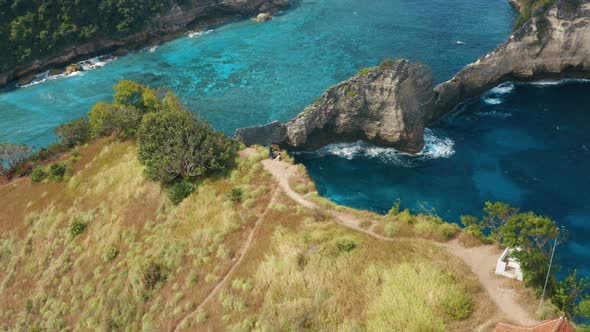 Aerial shot of beautiful rocks on the sea. Nusa Penida Island.