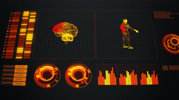 Advanced futuristic graphic interface. Displays abstract diagrams and charts.