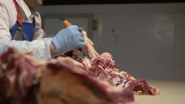 Cutting Meat Carcass of Animal on Table in Slaughterhouse