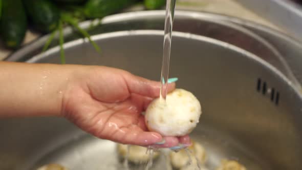 Closeup of a Woman Washing Mushrooms in the Sink Under Running Water