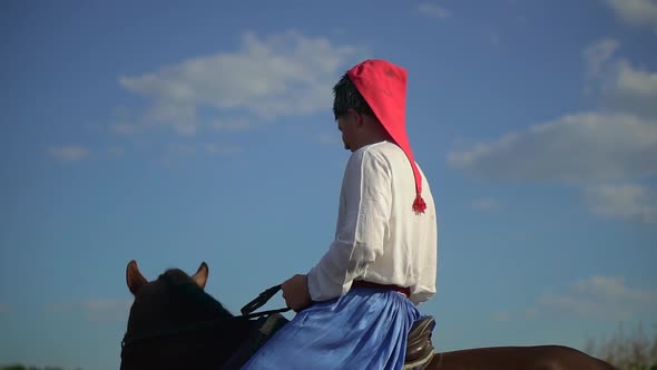 Ukrainian Cossack Riding Horse Field Looks Far