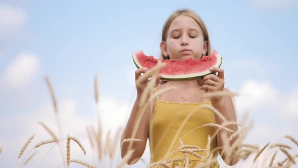 Cute Girl Eating Juicy Watermelon Standing in Wheat Field on Sunny Summer Day