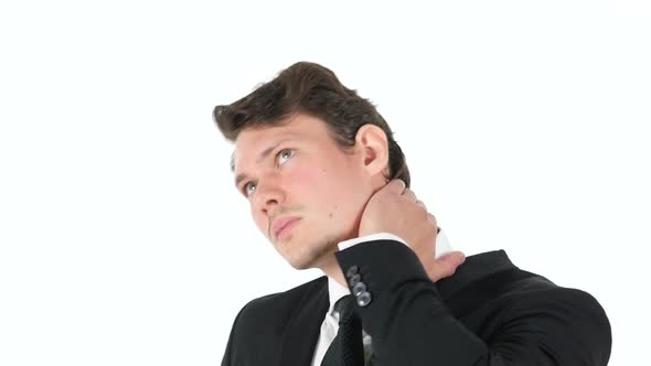 Neck Pain Tired Businessman on White Background