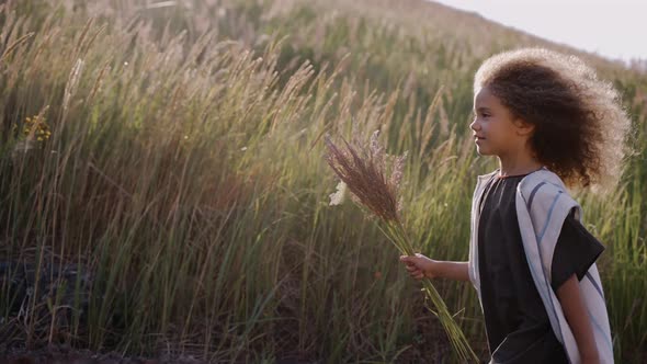 A Little Girl with Ears of Corn in Her Hand is Walking Up the Hill