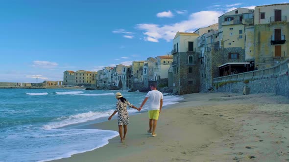 Sandy Beach and Blue Sea in Cefalu Town in Italian Metropolitan City of Palermo Located on