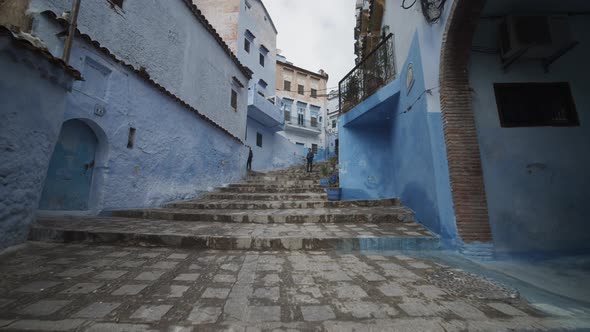 Forwards Reveal of Paved Stairs in Chefchaouen