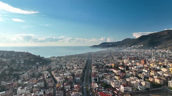 Colorful Panorama sunset over the city Aerial View 4 K Alanya Turkey