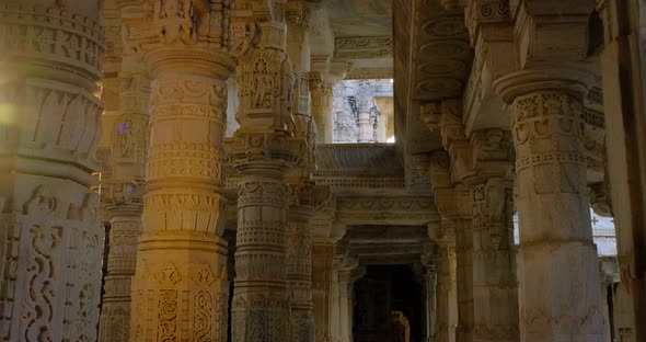 Interior of Beautiful Ranakpur Jain Temple or Chaturmukha Dharana Vihara Mandir in Ranakpur