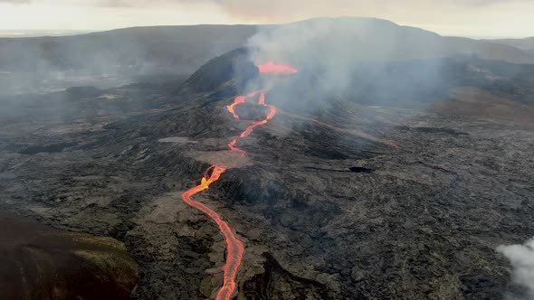 Aerial view of Fagradalsfjall erupting volcano near Grindavik, Iceland