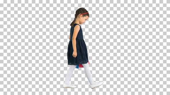 Beautiful little girl in black dress walking, Alpha Channel